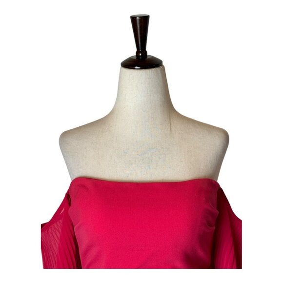Nicole Miller Dress Women 10 Red Crepe Off Shoulder Pleated Sleeve Ruched Gown - Picture 4 of 13